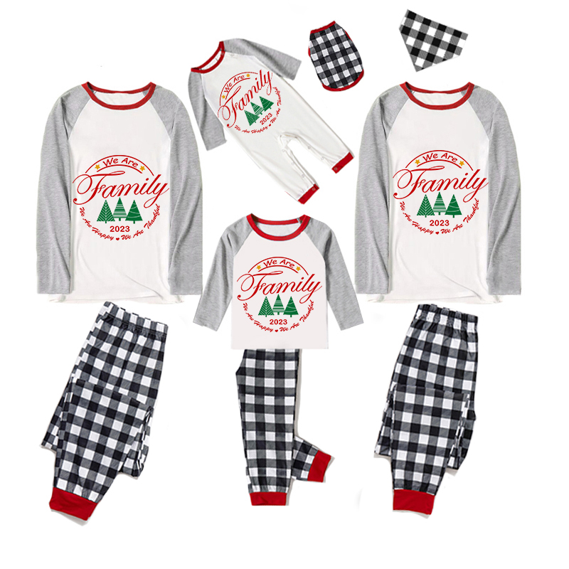 2023 Christmas Matching Family Pajamas Exclusive We Are Family Wreath Xmas Tree White Black Plaids Pajamas Set