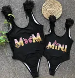 Mommy and Me Bathing Suits Butterfly Mama And Mini Slogan Feather Shoulder Backless Swimsuits
