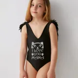 Mommy and Me Bathing Suits Cat I love You Mama And Mini Feather Shoulder Backless Swimsuits