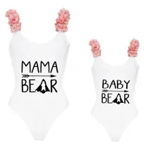 Mommy and Me Bathing Suits Bear Slogan Mama Mini Flower Shoulder Backless Swimsuits