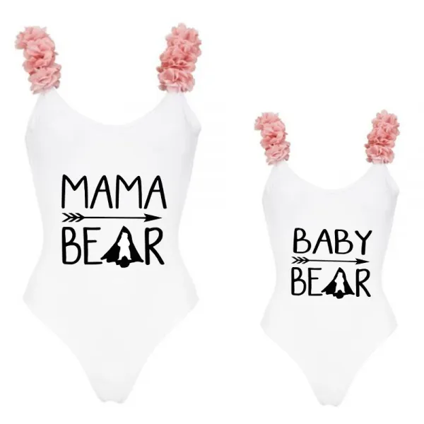 Mommy and Me Bathing Suits Bear Slogan Mama Mini Flower Shoulder Backless Swimsuits