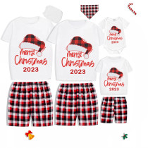 2023 Christmas Matching Family Pajamas Red Plaids Christmas Hat Merry Christmas Letter Short Pajamas Set With Baby Pajamas