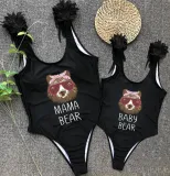 Mommy and Me Bathing Suits Bear With Glasses Mama Mini Feather Shoulder Backless Swimsuits