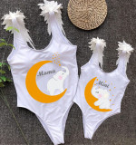 Mommy and Me Bathing Suits Elephant Moon Mama And Mini Feather Shoulder Backless Swimsuits