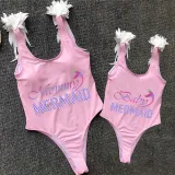 Mommy and Me Bathing Suits Mermaid Mama And Mini Feather Shoulder Backless Swimsuits