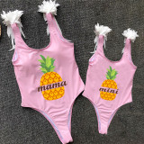 Mommy and Me Bathing Suits Pineapple Mama And Mini Feather Shoulder Backless Swimsuits