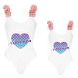Mommy and Me Bathing Suits Mermaid Love Mama And Mini Flower Shoulder Backless Swimsuits