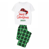 2023 Christmas Matching Family Pajamas Red Plaids Christmas Hat Merry Christmas Letter Green Short Pajamas Set With Baby Pajamas