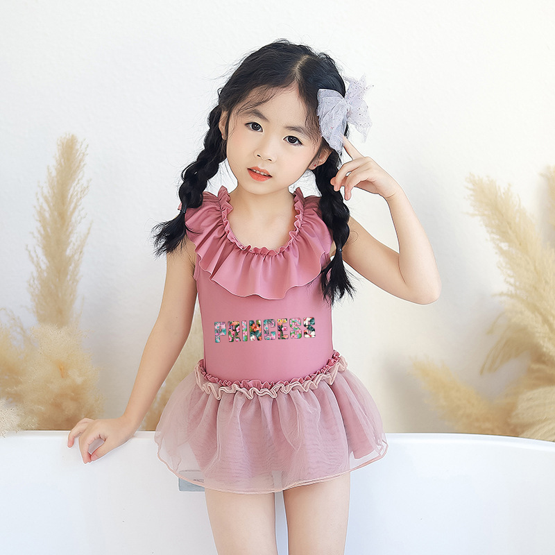 Girls Bathing Suits Princess Print One Piece Lace Collar Swimsuits