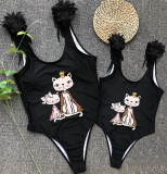Mommy and Me Bathing Suits Cat Mama And Me Feather Shoulder Backless Swimsuits