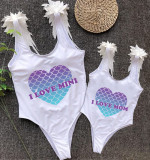 Mommy and Me Bathing Suits Mermaid Love Mama And Mini Feather Shoulder Backless Swimsuits