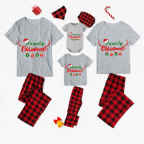 2023 Christmas Matching Family Pajamas Exclusive Design Antler Hat Family Christmas Gray Short Red Plaids Pants Pajamas Set