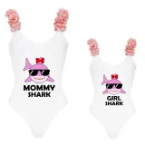 Mommy and Me Bathing Suits Mommy Girl Shark Flower Shoulder Backless Swimsuits