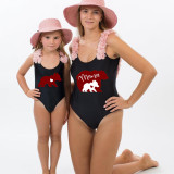 Mommy and Me Bathing Suits Red Bear Mama Mini Flower Shoulder Backless Swimsuits