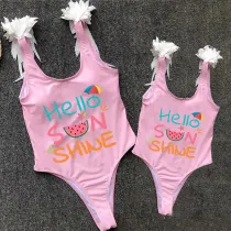 Mommy and Me Bathing Suits Hello Sun Shine Mama And Mini Feather Shoulder Backless Swimsuits
