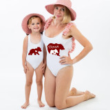 Mommy and Me Bathing Suits Red Bear Mama Mini Flower Shoulder Backless Swimsuits