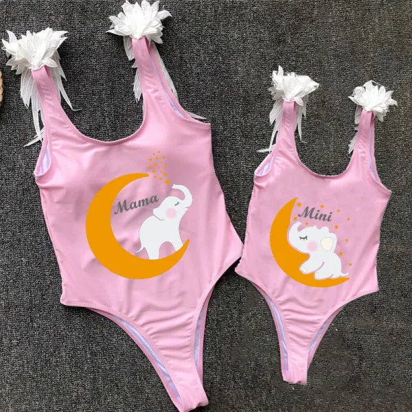 Mommy and Me Bathing Suits Elephant Moon Mama And Mini Feather Shoulder Backless Swimsuits