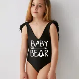 Mommy and Me Bathing Suits Bear Slogan Mama Mini Feather Shoulder Backless Swimsuits