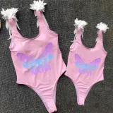 Mommy and Me Bathing Suits Butterfly Mama And Mini Feather Shoulder Backless Swimsuits