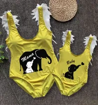 Mommy and Me Bathing Suits Elephant Mama And Mini Feather Shoulder Backless Swimsuits