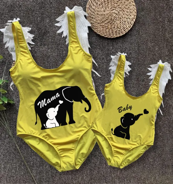Mommy and Me Bathing Suits Elephant Mama And Mini Feather Shoulder Backless Swimsuits