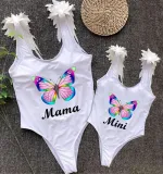 Mommy and Me Bathing Suits Butterfly Mama And Mini Feather Shoulder Backless Swimsuits