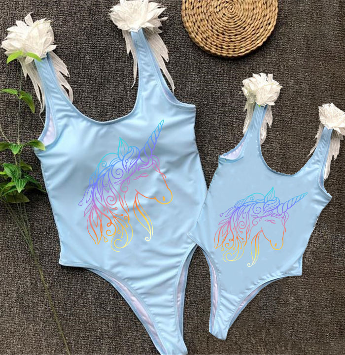 Mommy and Me Bathing Suits Unicorn Mama And Mini Feather Shoulder Backless Swimsuits