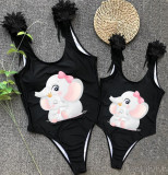 Mommy and Me Bathing Suits Cute Elephants Mama And Mini Feather Shoulder Backless Swimsuits