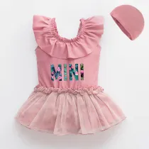 Girls Bathing Suits Mini Coconut Tree One Piece Lace Collar Swimsuits