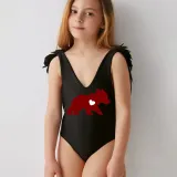 Mommy and Me Bathing Suits Red Bear Mama Mini Feather Shoulder Backless Swimsuits