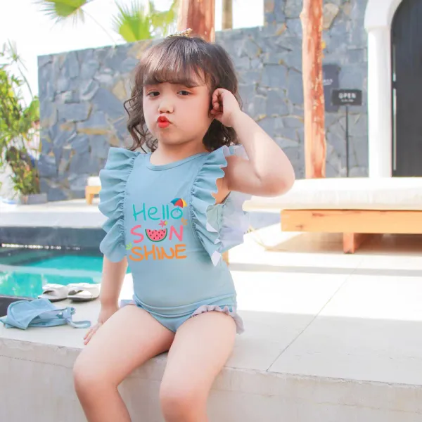 Girls Bathing Suits Hello Sunshine One Piece Ruffled Cuff Swimsuits