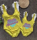 Mommy and Me Bathing Suits Mermaid Heart Mama And Mini Feather Shoulder Backless Swimsuits