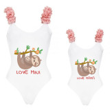 Mommy and Me Bathing Suits Sloth Love Mama Mini Flower Shoulder Backless Swimsuits