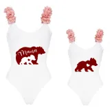 Mommy and Me Bathing Suits Red Bear Mama Mini Flower Shoulder Backless Swimsuits