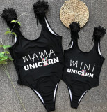 Mommy and Me Bathing Suits Unicorn Slogan Feather Shoulder Backless Swimsuits