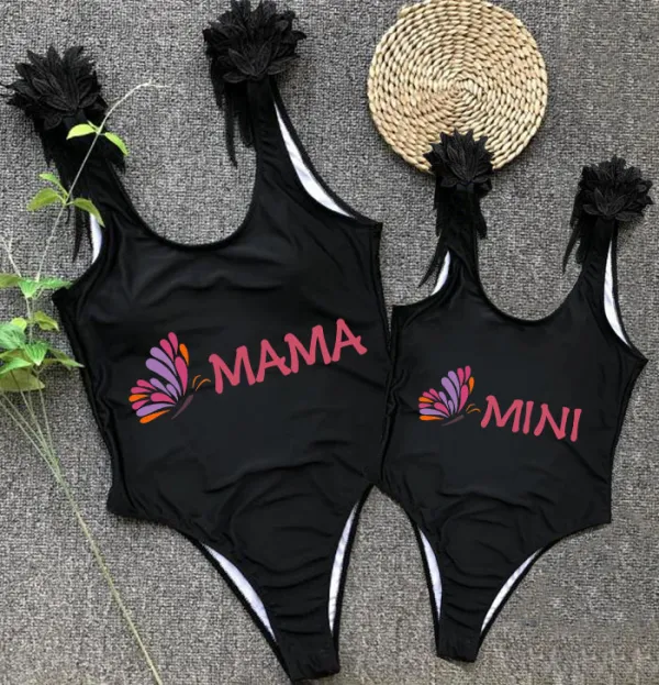 Mommy and Me Bathing Suits Butterfly Mama And Mini Feather Shoulder Backless Swimsuits