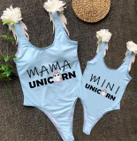 Mommy and Me Bathing Suits Unicorn Slogan Feather Shoulder Backless Swimsuits