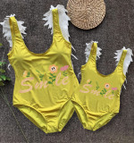 Mommy and Me Bathing Suits Smile Slogan Mama And Mini Feather Shoulder Backless Swimsuits