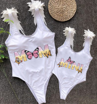 Mommy and Me Bathing Suits Butterfly Mama And Mini Slogan Feather Shoulder Backless Swimsuits