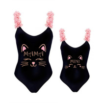 Mommy and Me Bathing Suits Cat Smile Flower Shoulder Backless Swimsuits