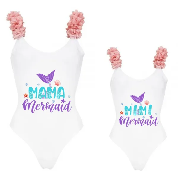 Mommy and Me Bathing Suits Mermaid Mama And Mini Flower Shoulder Backless Swimsuits