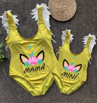Mommy and Me Bathing Suits Unicorn Mama And Mini Feather Shoulder Backless Swimsuits