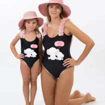 Mommy and Me Bathing Suits Elephants With Balloons Mama And Mini Flower Shoulder Backless Swimsuits