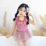 Girls Bathing Suits Baby Mermaid Slogan One Piece Lace Collar Swimsuits