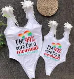 Mommy and Me Bathing Suits I'm 99% Sure I'm A Meimaid Mama And Mini Feather Shoulder Backless Swimsuits