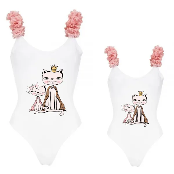 Mommy and Me Bathing Suits Cat Mama And Me Flower Shoulder Backless Swimsuits
