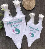Mommy and Me Bathing Suits Mermaid Mama And Mini Feather Shoulder Backless Swimsuits