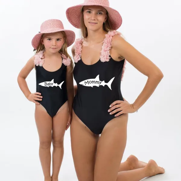 Mommy and Me Bathing Suits Mommy Baby Shark Flower Shoulder Backless Swimsuits