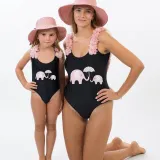 Mommy and Me Bathing Suits Elephants Mama And Mini Flower Shoulder Backless Swimsuits