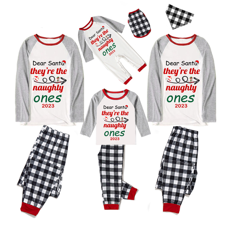 2023 Christmas Matching Family Pajamas Dear Santa They're The Naughty Ones Black White Plaids Pajamas Set